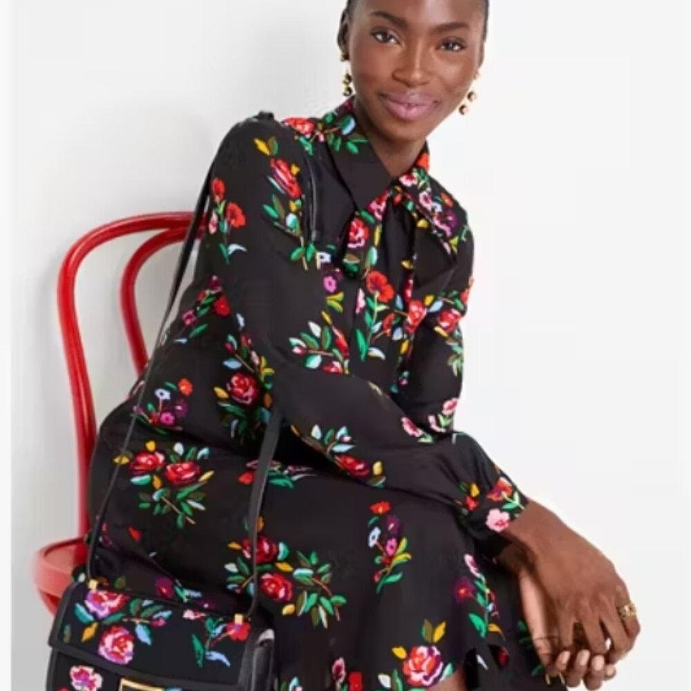 Kate Spade Autumn Black Floral Silk-blend Midi Shirtdress S $701